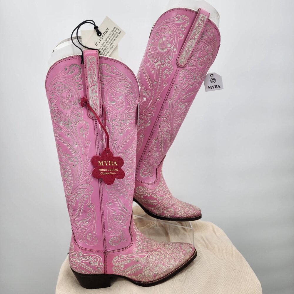 MYRA BAG Valentina Trail Hand Tooled Tall Pink Cowboy Boots 6-11NWT - Picture 9 of 16